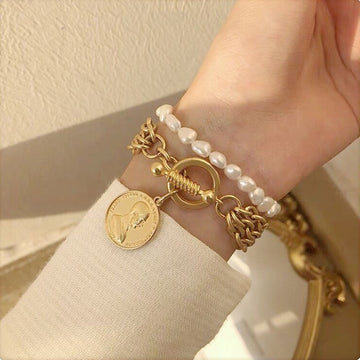 AENSOA Fashion Gold Color King Head Coin Pendant Multilayer Metal Chain Bracelets Set for Women Charm Wedding Party Jewelry Gift daiiibabyyy
